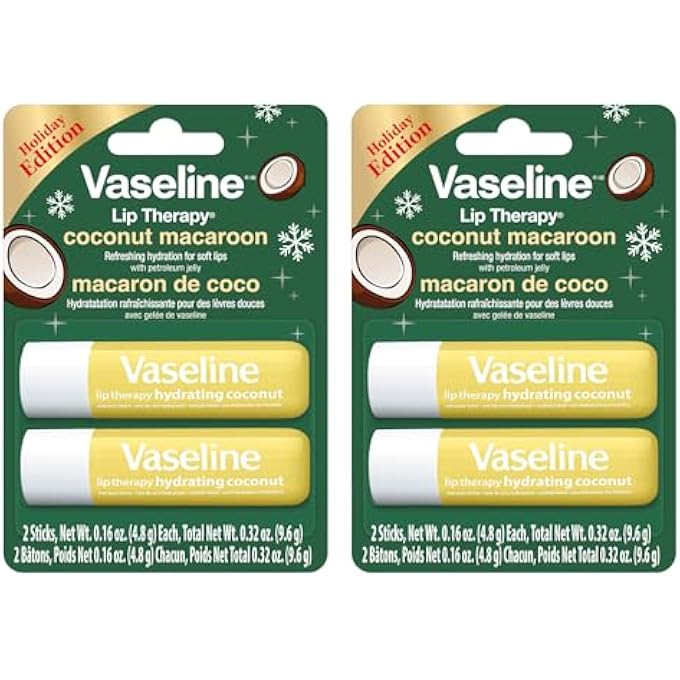 Vaseline LIP THERAPY HOLIDAY EDITION COCONUT MACAROON, REFRESHING HYDRATION WITH PETROLEUM JELLY, 2 PACK WITH 4 STICKS, 0.16 OZ EACH - Image 1